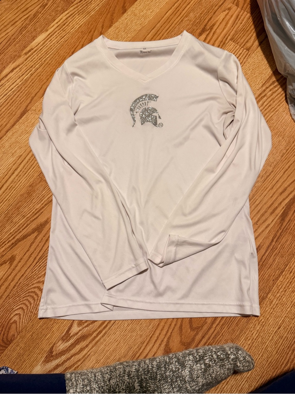 White Long-Sleeve V-Neck Shirt with Silver Spartan Logo